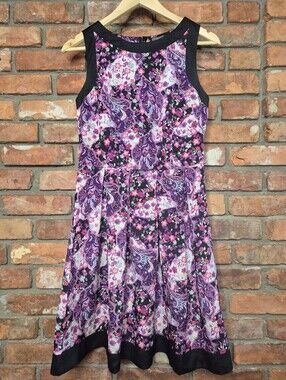 Suzy Shier Paisley Floral Fit & Flare Dress Pink Purple Black Size Small